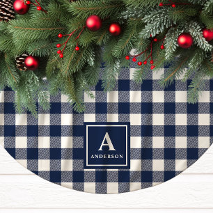 Navy Blaues und Weißes Gingham-Karo-Monogramm Polyester Weihnachtsbaumdecke
