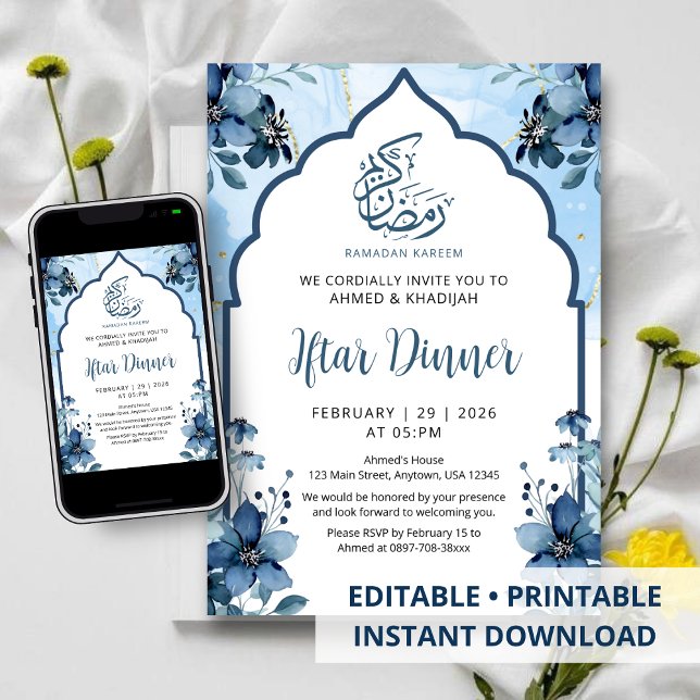 Navy Blaues Wasserfarben-Blumen-Ramadan-Iftar-Dinn Einladung (Von Creator hochgeladen)