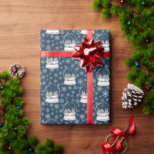 Navy Blaues Winter-Schneekugel- und Hütten-Skizzen Geschenkpapier