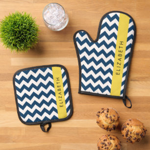 Navy Blaues Zickzack, Navy Blaues Chevron, Ihr Nam Ofenhandschuh & Topflappen-Set