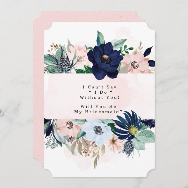 Navy Blink Pink Floral werden Sie meine Bridesmaid Einladung (Vorne/Hinten)