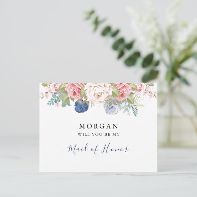 Navy Blink Pink Floral werden Sie meine Bridesmaid Postkarte (Stehend Vorderseite)