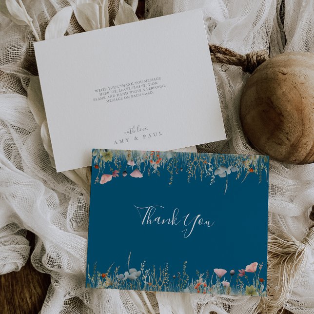 Navy Blissful Boho Wildblume Flat Wedding Dankeskarte (Von Creator hochgeladen)
