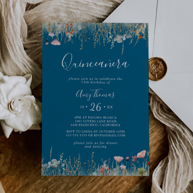 Navy Blissful Colorful Boho Wildflower Quinceañera Einladung (Von Creator hochgeladen)