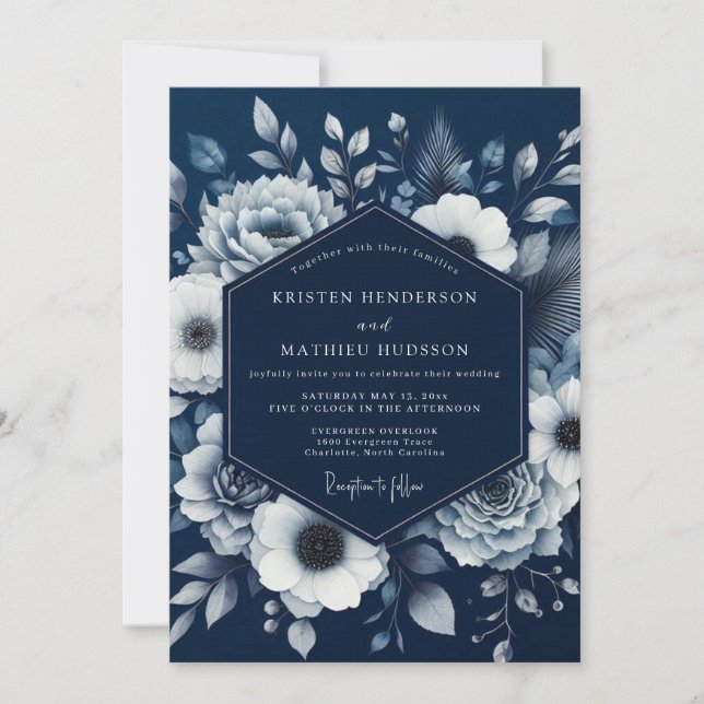Navy Bloom Romance Hochzeit Einladung (Vorderseite)