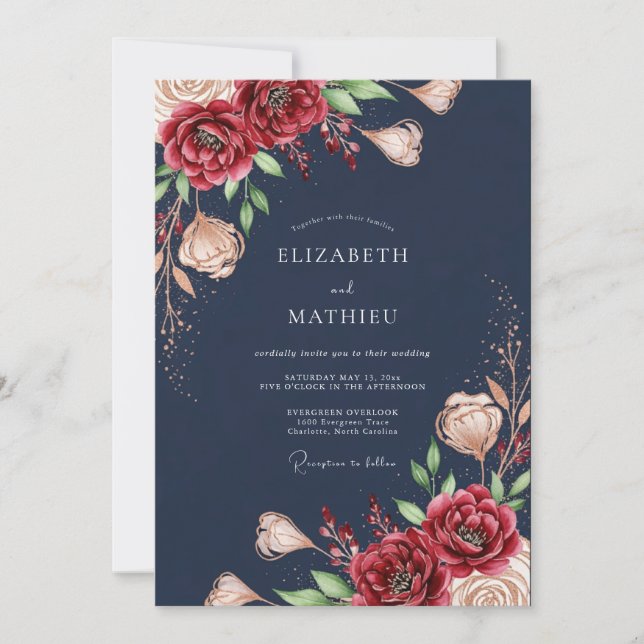 Navy Bloom Romantische Hochzeit Einladung (Vorderseite)