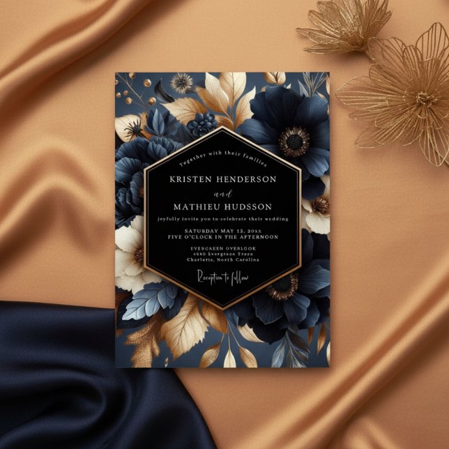 Navy Bloom Wedding Einladung (Von Creator hochgeladen)