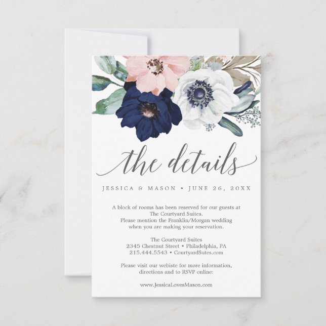Navy Blooms Wedding Details Card Einladung (Vorderseite)