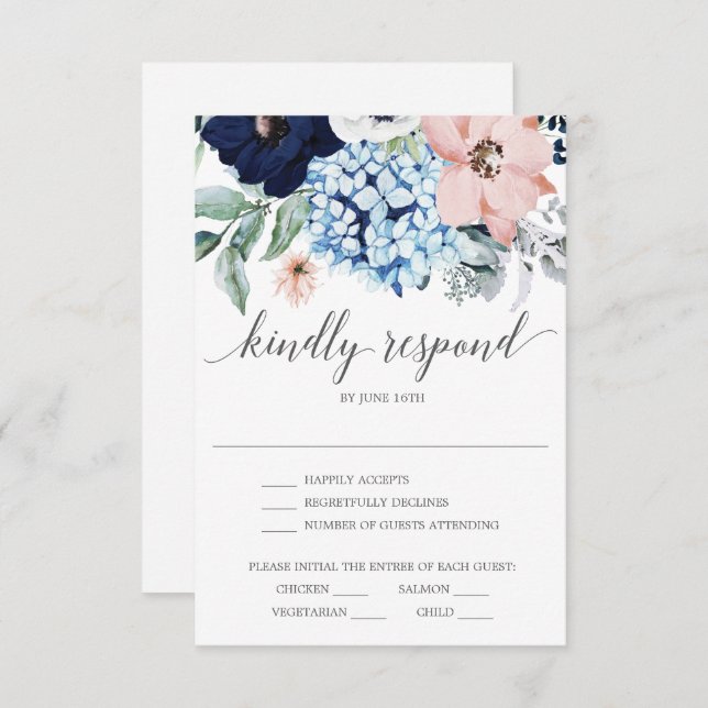 Navy Blooms Wedding RSVP Card Einladung (Vorne/Hinten)