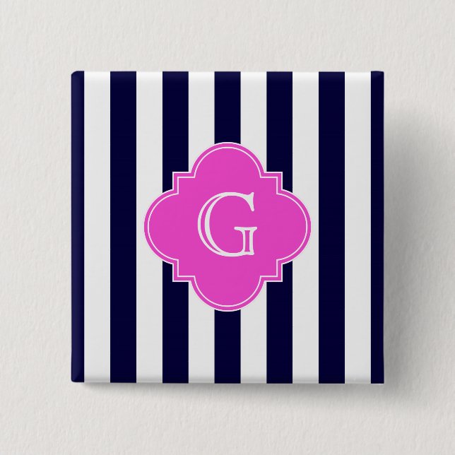 Navy Blu White Strip Hot Pink Quarz Monogramm Button (Vorderseite)