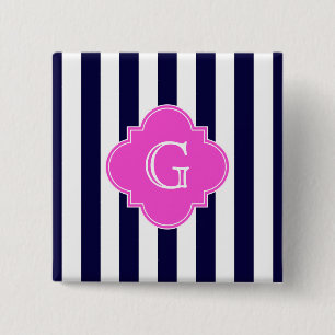 Navy Blu White Strip Hot Pink Quarz Monogramm Button