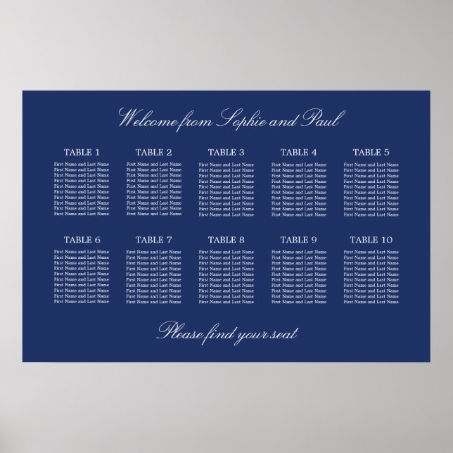 Navy Blue 10 Table Wedding Seating Chart Poster (Vorne)