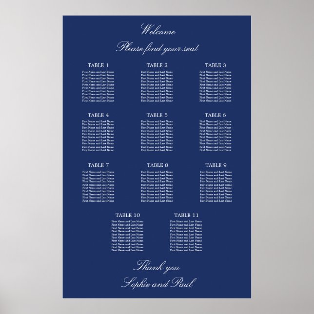 Navy Blue 11 Table Wedding Seating Chart Poster (Vorne)