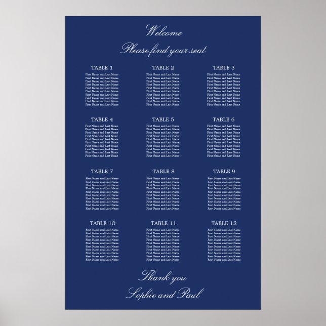 Navy Blue 12 Table Wedding Seating Chart Poster (Vorne)