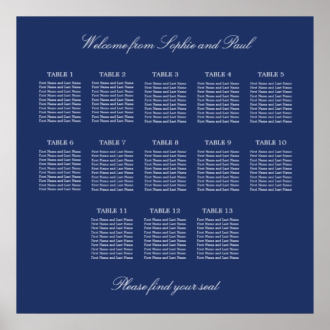 Navy Blue 13 Table Wedding Seating Chart Poster (Vorne)