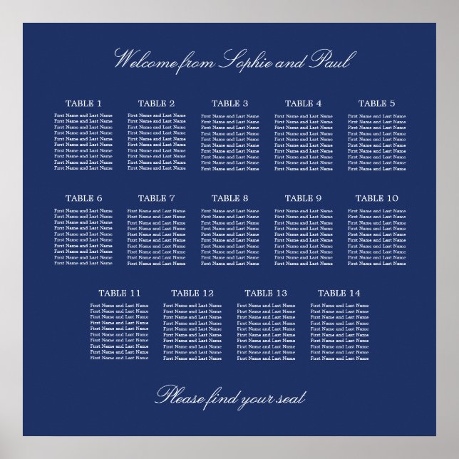 Navy Blue 14 Table Wedding Seating Chart Poster (Vorne)