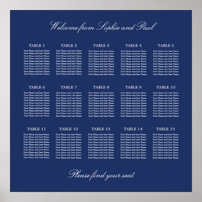 Navy Blue 15 Table Wedding Seating Chart Poster (Vorne)