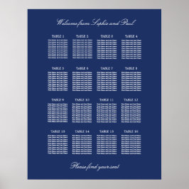 Navy Blue 16 Table Wedding Seating Chart Poster