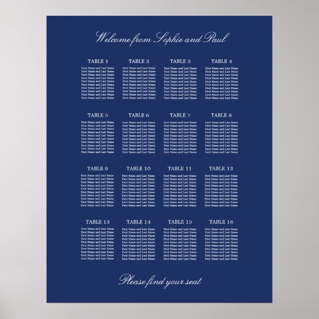 Navy Blue 16 Table Wedding Seating Chart Poster (Vorne)