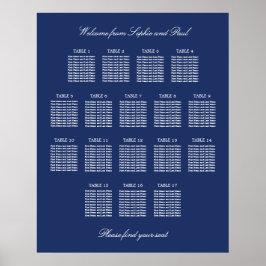 Navy Blue 17 Table Wedding Seating Chart Poster