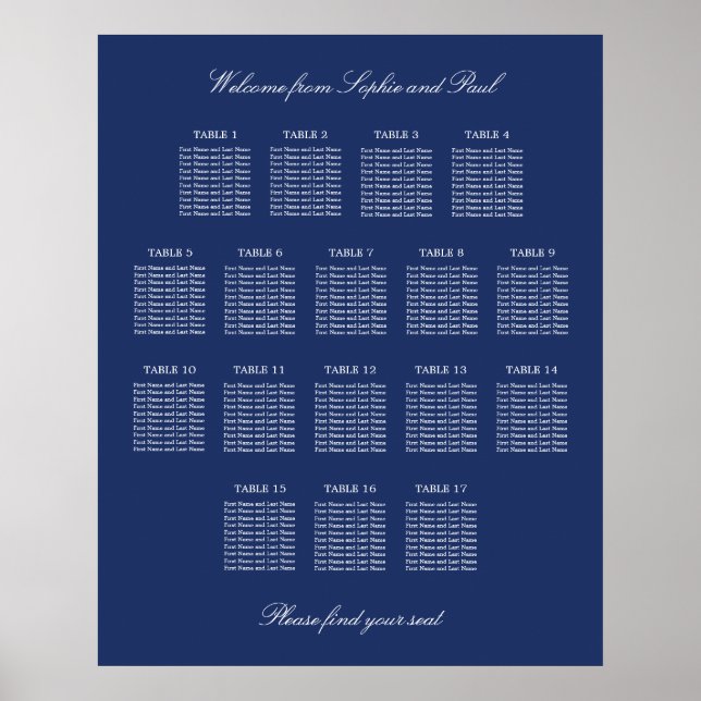 Navy Blue 17 Table Wedding Seating Chart Poster (Vorne)