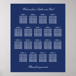 Navy Blue 18 Table Wedding Seating Chart Poster