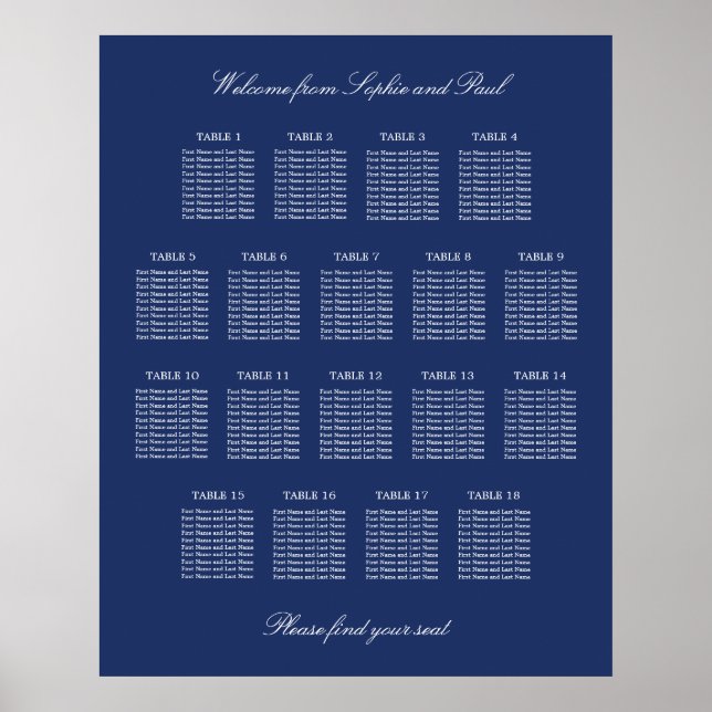 Navy Blue 18 Table Wedding Seating Chart Poster (Vorne)