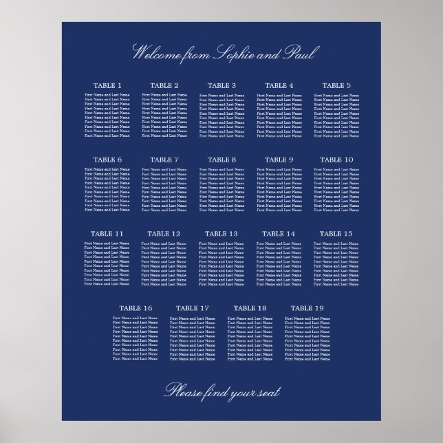 Navy Blue 19 Table Wedding Seating Chart Poster (Vorne)