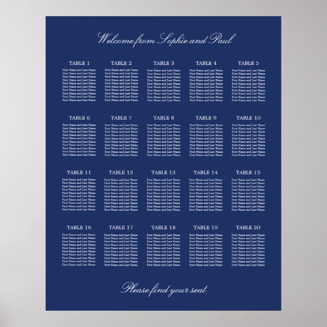 Navy Blue 20 Table Wedding Seating Chart Poster (Vorne)