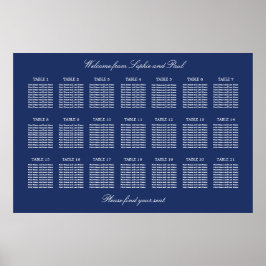 Navy Blue 21 Table Wedding Seating Chart Poster