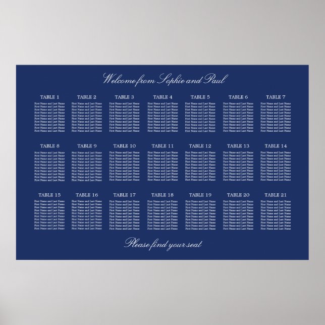 Navy Blue 21 Table Wedding Seating Chart Poster (Vorne)