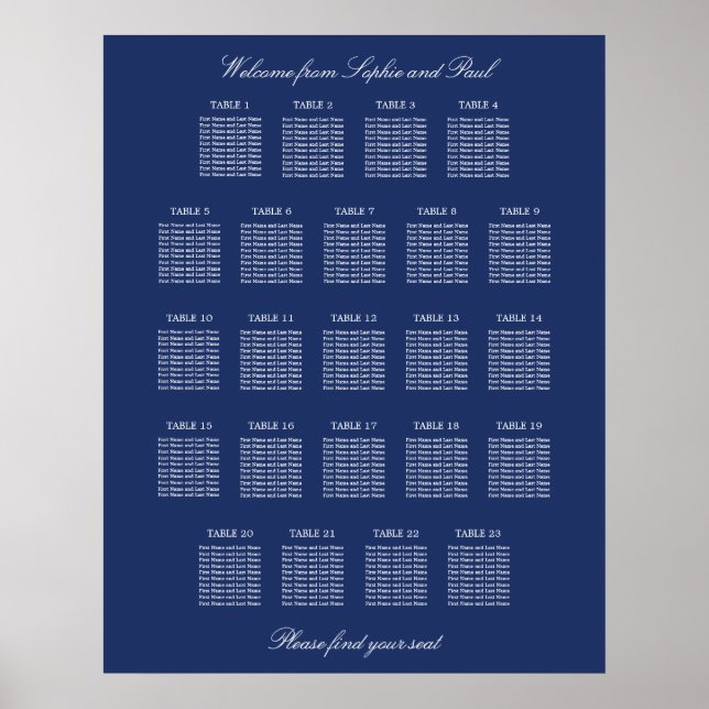 Navy Blue 23 Table Wedding Seating Chart Poster (Vorne)