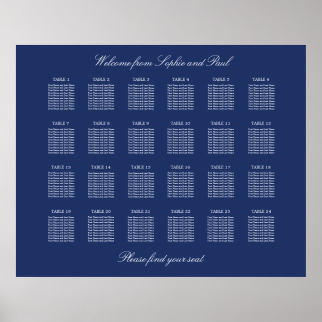 Navy Blue 24 Table Wedding Seating Chart Poster (Vorne)