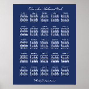 Navy Blue 25 Table Wedding Seating Chart Poster