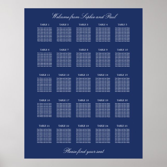 Navy Blue 25 Table Wedding Seating Chart Poster (Vorne)