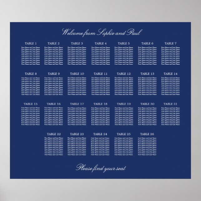Navy Blue 26 Table Wedding Seating Chart Poster (Vorne)