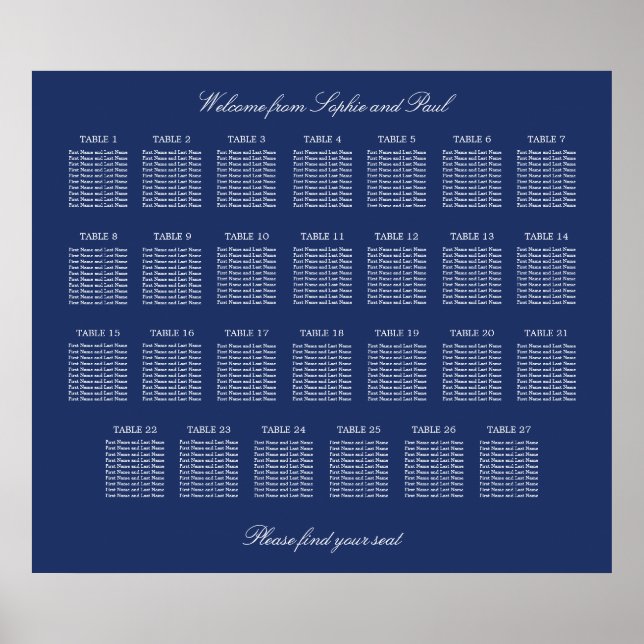 Navy Blue 27 Table Wedding Seating Chart Poster (Vorne)