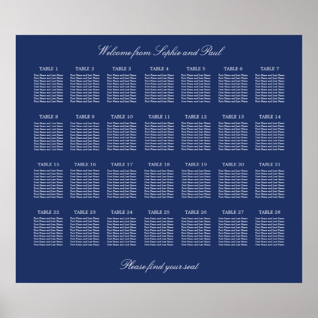 Navy Blue 28 Table Wedding Seating Chart Poster (Vorne)