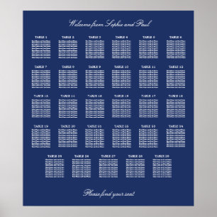 Navy Blue 29 Table Wedding Seating Chart Poster