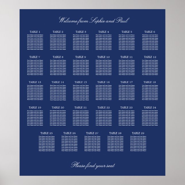 Navy Blue 29 Table Wedding Seating Chart Poster (Vorne)