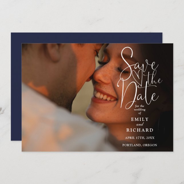 Navy Blue 2 Foto Elegante Script Wedding Save The Date (Vorne/Hinten)