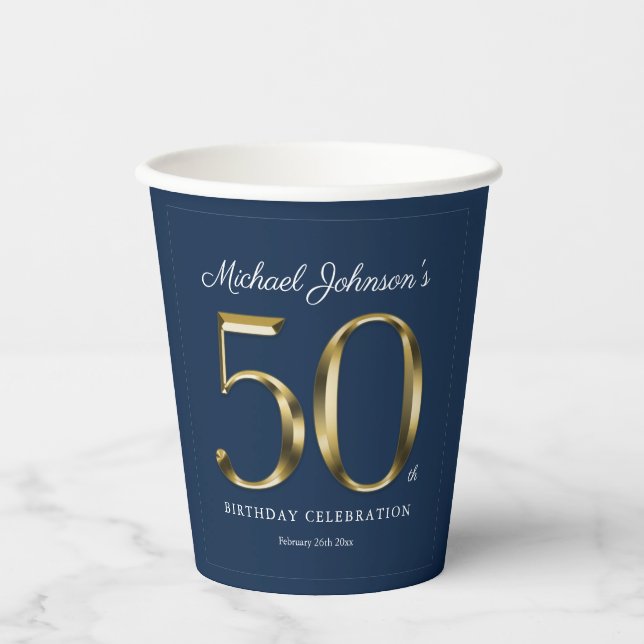 Navy Blue 50. Geburtstag Solid Gold Masculine Pappbecher (Vorderseite)