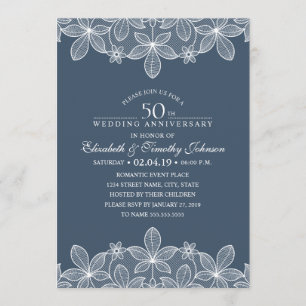 Navy Blue 50th Wedding Anniversary Elegant Lace Einladung