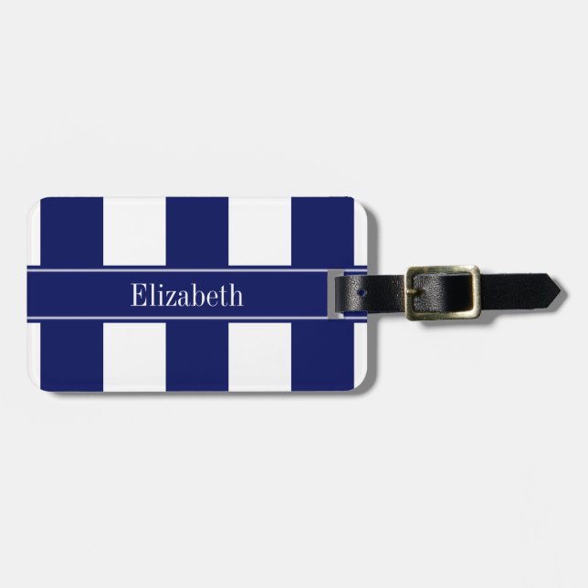 Navy Blue 5c XL Stripes, Navy 5c Name Monogram Gepäckanhänger (Vorderseite horizontal)