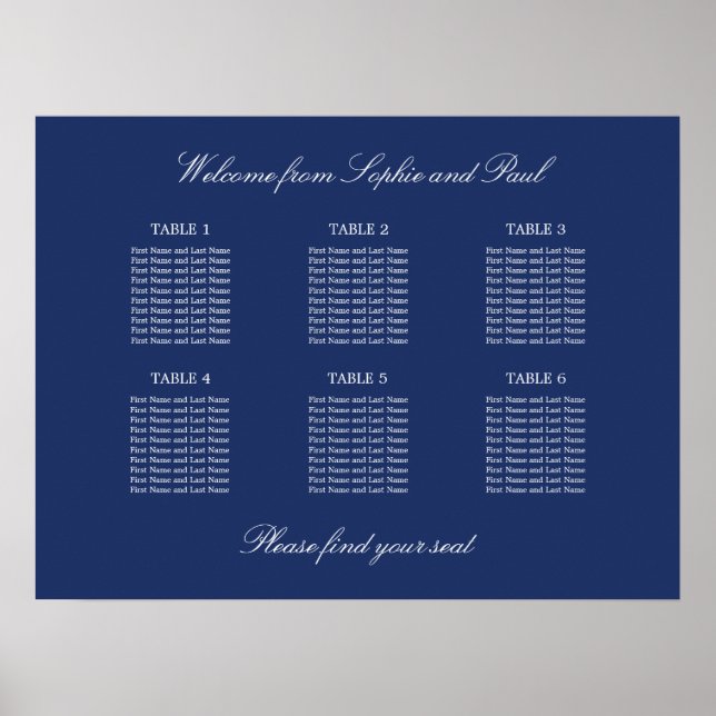 Navy Blue 6 Table Wedding Chart Poster (Vorne)