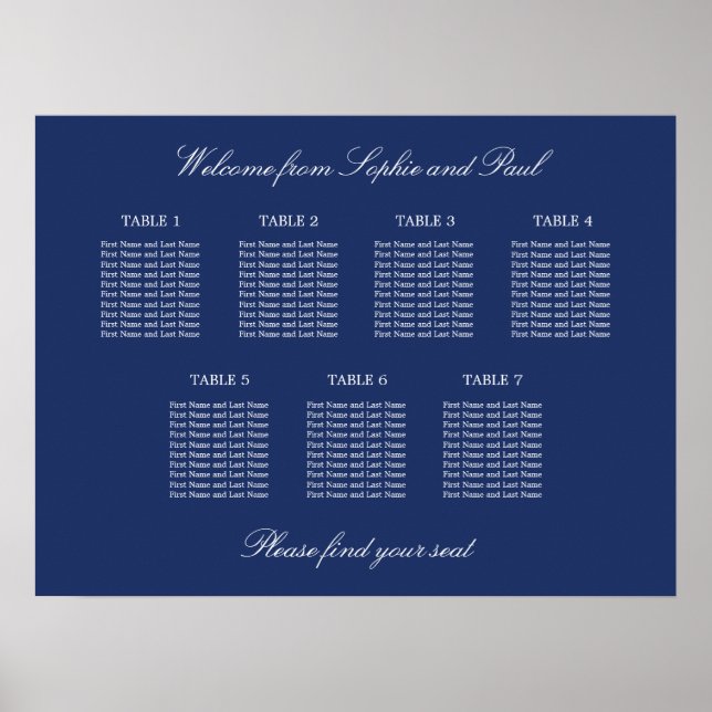 Navy Blue 7 Table Wedding Chart Poster (Vorne)