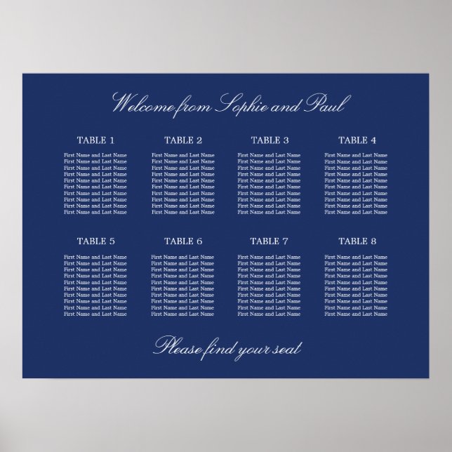 Navy Blue 8 Table Wedding Chart Poster (Vorne)