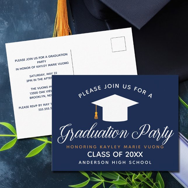 Navy Blue Abschluss Chic Modern 2023 Custom Party Postkarte (Von Creator hochgeladen)