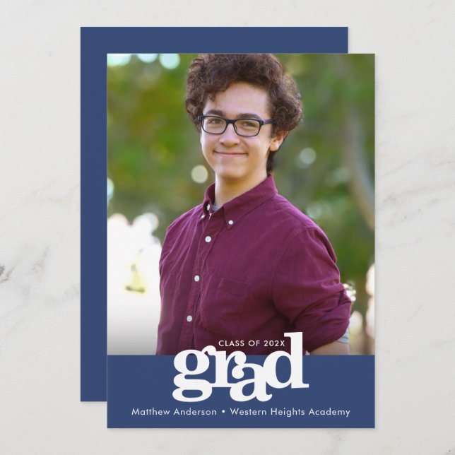 Navy Blue Abschluss Foto fett moderner Typografie Ankündigung (Vorne/Hinten)