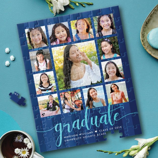 Navy Blue Abschluss K-12 13 Foto Collage Script Puzzle (Von Creator hochgeladen)